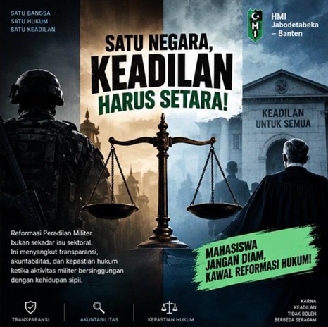 HMI Jabodetabeka–Banten Sentil Reformasi Peradilan Militer: Jangan Ada Kekuasaan yang Kebal Hukum!